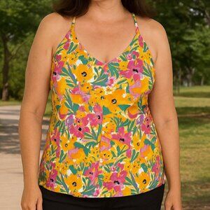 Anne Cole Tankini Swim Top XXL Floral Print Yellow Pink Cross Back Adjustable